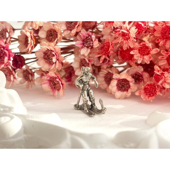 Turquoise Accented Antiqued Sterling Silver Skiier Vintage Pendant | Charm - Picture 12 of 14